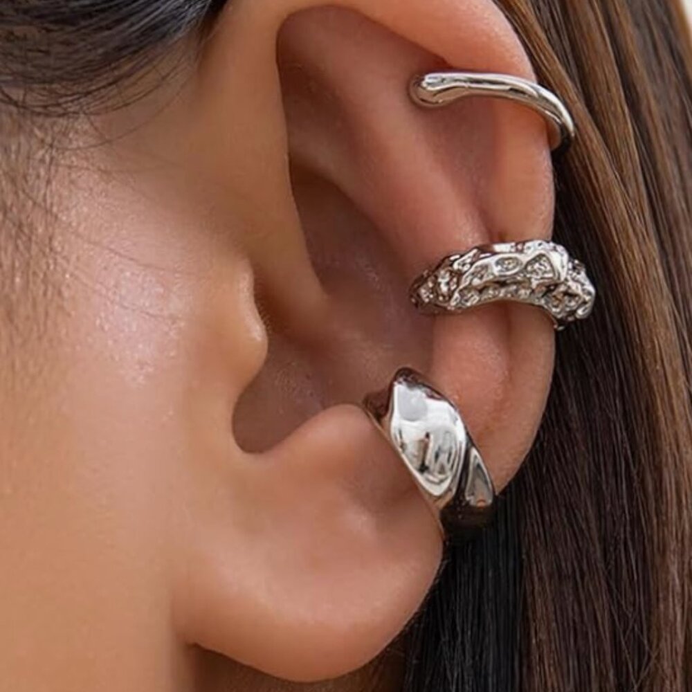 SET OF 3 :  SILVER Zara Non-Piercing Ear Cuffs Earrings